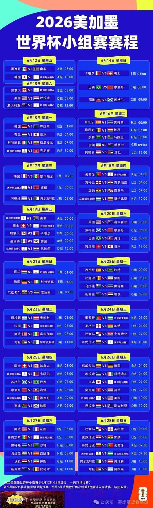 2026世界杯每日赛程详细安排实时赛程直播平台